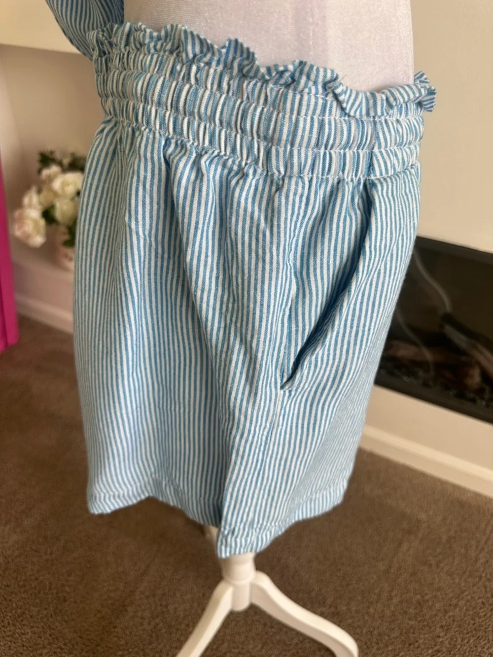 LOFT Light Blue & White Striped One-Shoulder set blouse and short